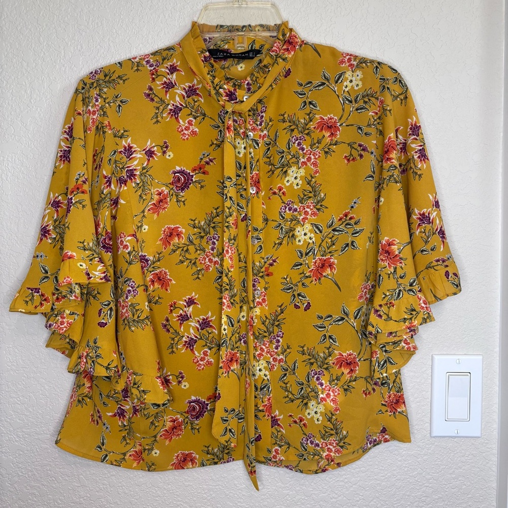 Zara Mustard Floral Cropped Blouse
